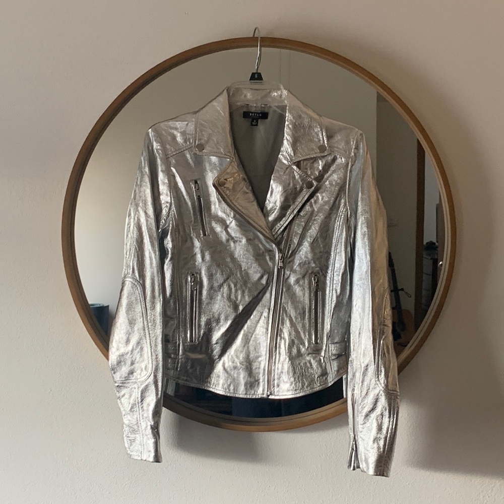 DSTLD Womens Leather Moto Jacket in Silver